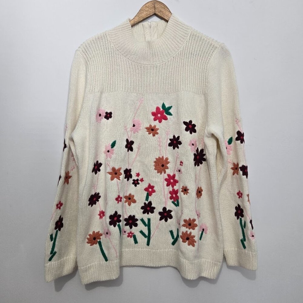 Talbots Floral Embroidered Mock Neck Sweater Sz XL Petite Ivory Cottagecore Boho